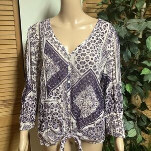 Lucky Brand Purple and White 3/4 Sleeve Tie Front Blouse